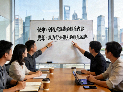 C7娱乐团队正在会议室讨论使命与愿景的白板照片