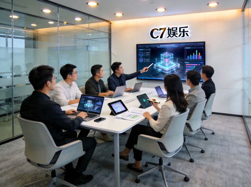 C7娱乐团队在现代化会议室中讨论沉浸式娱乐技术方案的场景