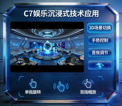 展示C7娱乐沉浸式技术应用的界面示意图，包含高清画面与交互元素